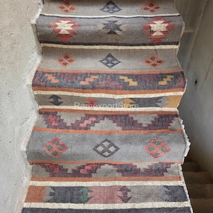 Vintage Handmade Stair Kilım Runner Rug Large Rug Wool Jute Hallway Rug Bohemian Handwoven Boho Outdoor Stair Runner Kilim Stair Runner