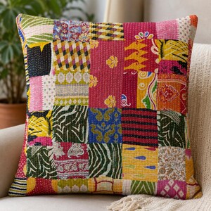 Vintage Kantha Patchwork Cushion Cover, Boho Cotton Throw Pillow Cover, Hand Quilted Indian Accent Pillow Case, Upcycled Vintage Decor