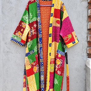 Handmade Kantha Kimono Jacket, Vintage Style Indian Cotton Patchwork Robe, Boho Festival Duster