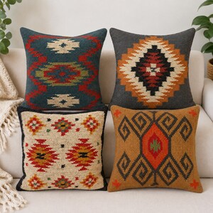 Boho Throw Pillow Covers Set of 4, Kilim Decorative Cushion Covers for Sofa Couch Bed