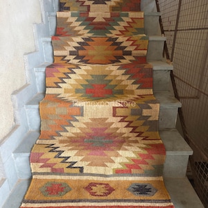 Vintage Handmade Stair Kilım Runner Rug Large Rug Wool Jute Hallway Rug Bohemian Handwoven Boho Outdoor Stair Runner Kilim Stair Runner