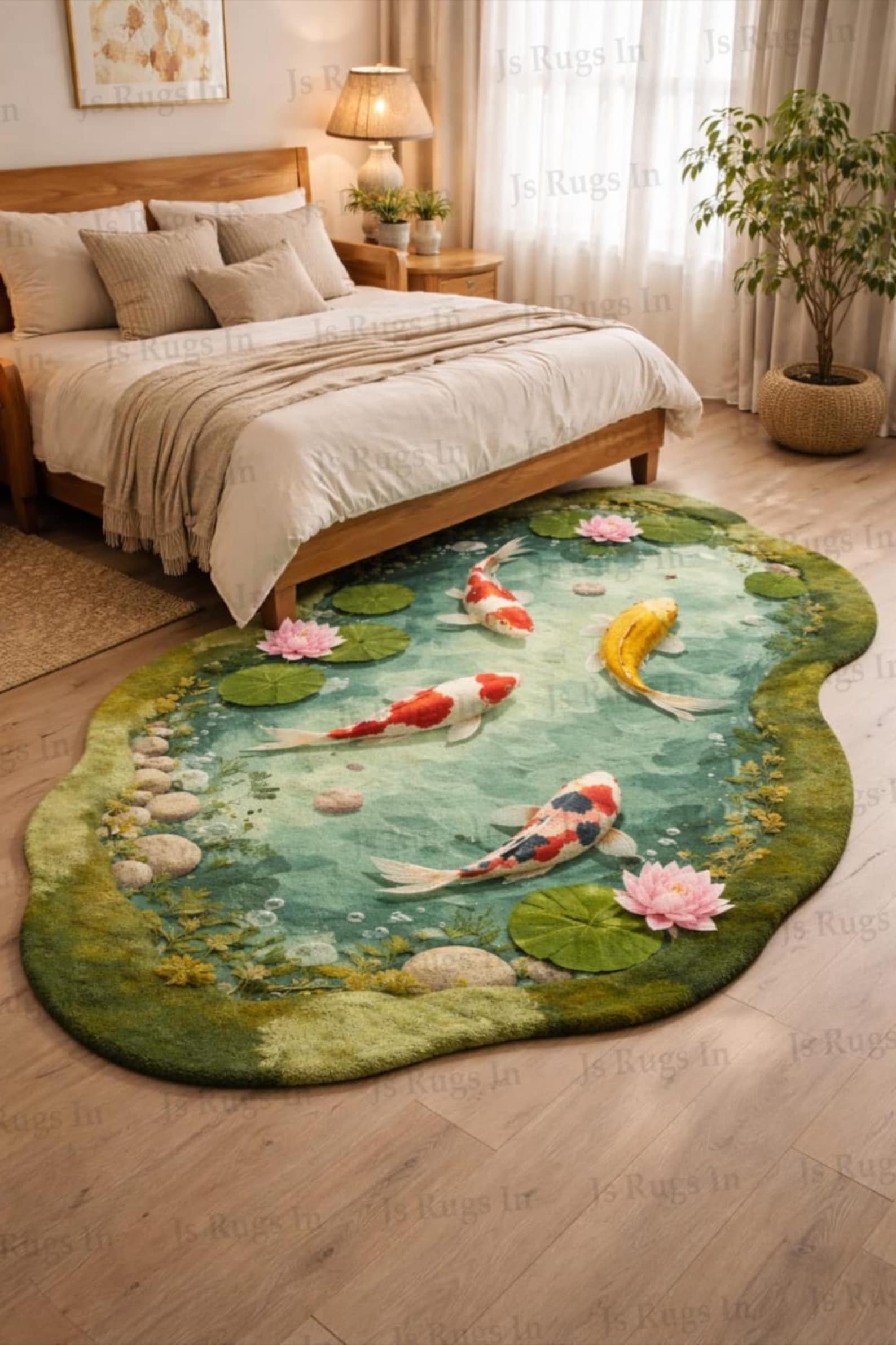 Hand Tufted Wool Koi Fish Rug, Lotus Pond Carpet - Etsy