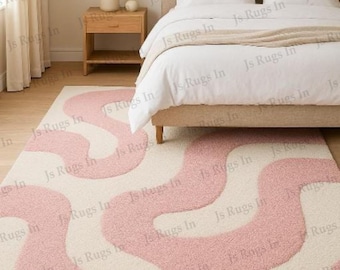 Hand Tufted Pink Wave Rug, Abstract Wool Area Rug, Modern Scandinavian Carpet, Soft Plush Cream Blush Rug, Minimalist Bedroom Living Room