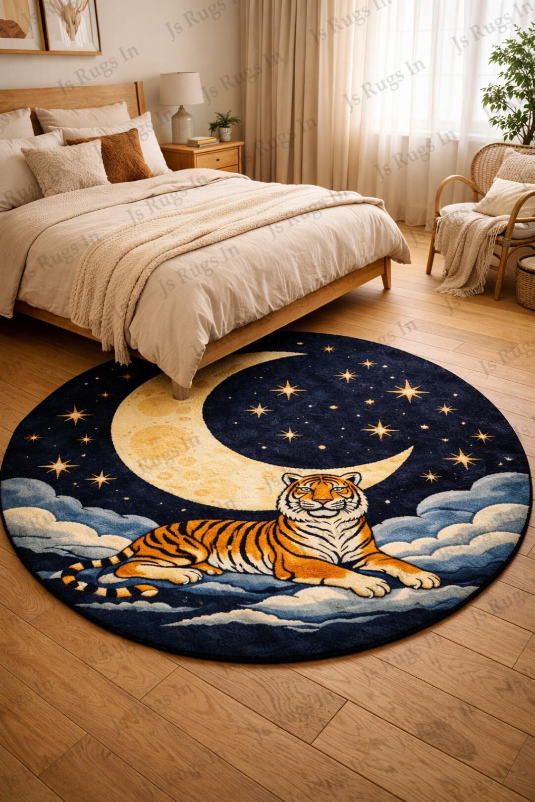 Hand Tufted Moon Tiger Round Rug | Celestial Tiger Wool Area Rug ...