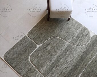 Hand tufted rug sage green wool rug for living room modern carved design
