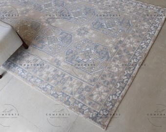 Hand Knotted Rug Vintage Beige And Blue Wool Rug For Living Room
