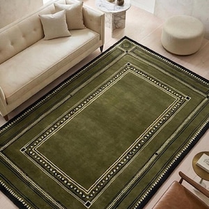 Hand Tufted Wool Area Rug: Olive Green Border, Modern Persian Style