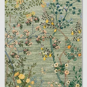 Handgetuft wollen botanisch tapijt groen bloemengebied 8 x 10 woonkamer