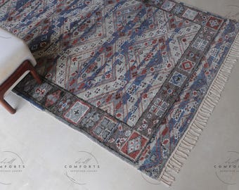 Handgeknoopt vloerkleed, wollen vloerkleed, geometrisch tribalblauw roestgrijs high traffic