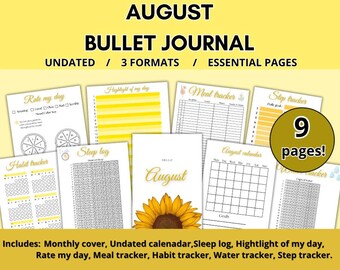May include: A collection of printable bullet journal pages for August, featuring an undated calendar, habit tracker, meal tracker, and more. The pages have a yellow and white color scheme with sunflower and watercolor accents. The text includes "August Bullet Journal" and "9 pages!"