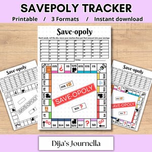 Puede incluir: Un rastreador de ahorro imprimible "Save-opoly" en tres formatos. El diseño principal del juego de mesa presenta una cuadrícula para rastrear el ahorro, con espacios etiquetados con cantidades en euros y elementos de juego. El texto "Save-opoly" es prominente.