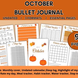 May include: An undated October bullet journal with 9 pages. The journal includes a monthly cover, sleep log, meal tracker, and habit tracker. The cover features pumpkins and fall leaves. The journal is designed with orange and white pages.