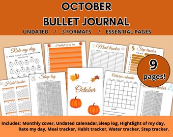 May include: An undated October bullet journal with 9 pages. The journal includes a monthly cover, sleep log, meal tracker, and habit tracker. The cover features pumpkins and fall leaves. The journal is designed with orange and white pages.
