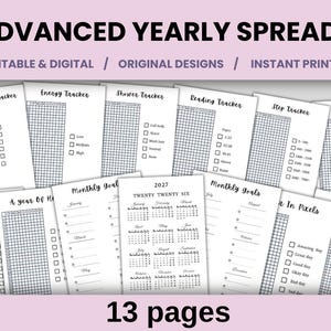 Puede incluir: Una colección de 13 páginas de planificador anual imprimibles y digitales con texto negro sobre papel blanco. El conjunto incluye rastreadores de temperatura, energía, ducha, lectura, pasos, dolor, clima y metas mensuales, además de un calendario 2027.