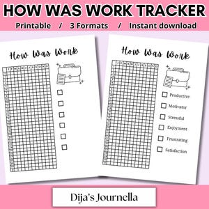 Puede incluir: Dos rastreadores imprimibles "How Was Work" en papel blanco. Los rastreadores tienen una cuadrícula para entradas diarias, con casillas de verificación para sentimientos como "Productivo" y "Estresante". El banner superior dice "HOW WAS WORK TRACKER" y "Printable / 3 Formats / Instant download."