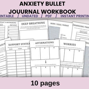Puede incluir: Un cuaderno de trabajo de diario de viñetas de ansiedad imprimible y sin fecha con 10 páginas. Las páginas incluyen secciones para respiración profunda, afirmaciones y seguimiento de preocupaciones. El texto incluye "Anxiety Bullet Journal Workbook".