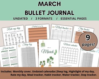 May include: A collection of nine printable bullet journal pages for March, including a monthly cover, calendar, and trackers for habits, meals, and sleep. The pages feature a minimalist design with botanical illustrations and the text "March Bullet Journal."
