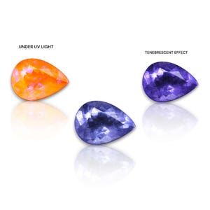 May include: Three pear-shaped gemstones. One glows orange under UV light, another displays a tenebrescent effect, and the third is a deep blue. The image includes the text "UNDER UV LIGHT" and "TENEBRESENT EFFECT".