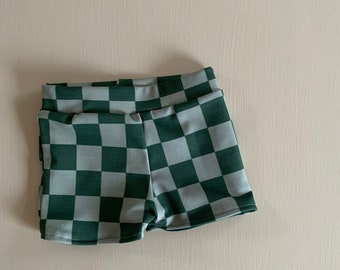 Checkered swim briefs for baby and toddler | boardies | shorties | swim shorts | boy short | reversible | checks | checkerboard | green