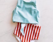 Made to Order reversible swimsuit sky blue red stripe cropped top high waisted Free Fallen Kids