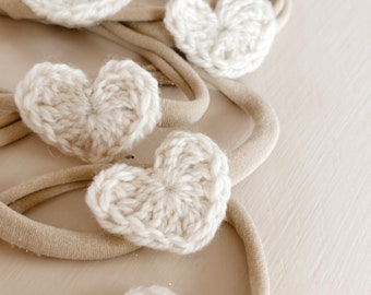 Crocheted wool heart headbands for babies and toddlers, nude elastic, felt backed, valentines, be mine, creamy hair piece