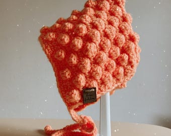 Bright Peach / bubble stitch bonnet / beanie / baby hat / 0-6m / crochet beanie