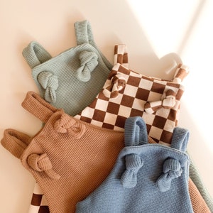 Knotted baby and toddler overalls organic waffle french terry grow with me one piece romper pistachio maple checkered image 1