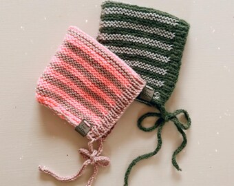 Neon pixie / stripe / bubblegum / forest / dove / bonnet / baby hat / 0-3m / knit beanie