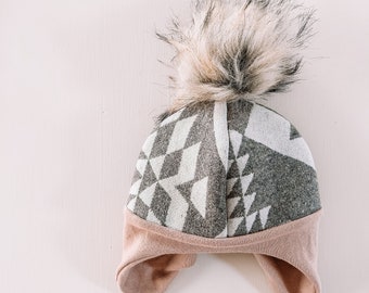 Pendleton Flapper hat for baby and toddler | fur pom | modern colors | tan aztec | blush | lined | free fallen | beanie | made to order