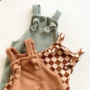 Knotted baby and toddler overalls organic waffle french terry grow with me one piece romper pistachio maple checkered image 4