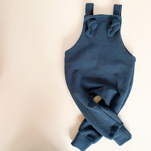 Knotted baby and toddler overalls organic waffle french terry grow with me one piece romper pistachio maple checkered Navy