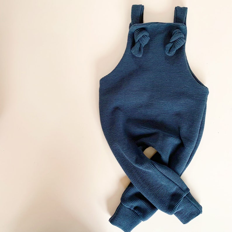 Knotted baby and toddler overalls organic waffle french terry grow with me one piece romper pistachio maple checkered image 3