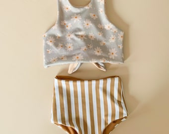 Vintage daisy | retro circus stripe | bathing suit | set | high waisted | crop top | reversible | blush | camel