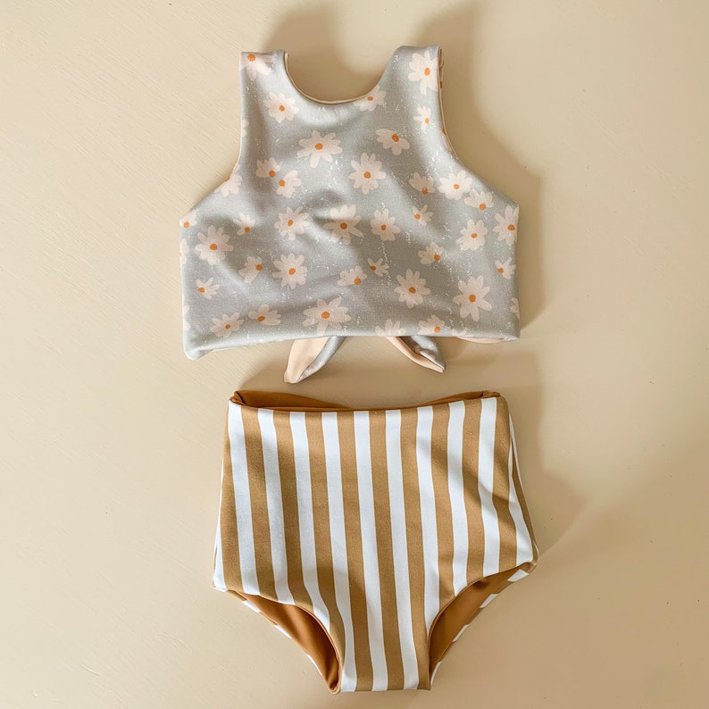 Vintage daisy retro circus stripe bathing suit set high waisted crop top reversible blush camel image 1