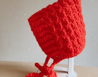 Cherry Red / bubble stitch bonnet / beanie / baby hat / 0-6m / crochet beanie