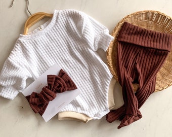 Waffle knit sweater romper | headband bow | maroon | ribbed footies | leggings | take me home set | handmade baby | free fallen kids set