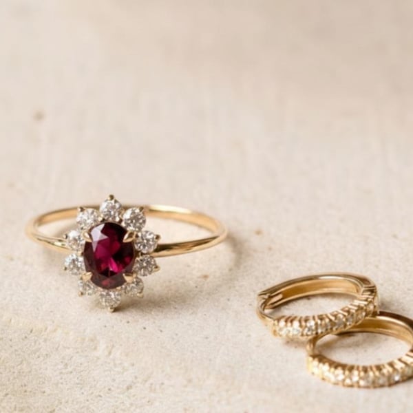 14k Gold Sunburst Red Garnet  Gemstone Halo Ring • Minimalist Ring• Engagement Ring• Gift For Mom• Best Friend Gift• Anniversary Gift•