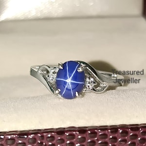 Bague saphir étoilé bleu Lindy vintage en or 14 carats, alliance avec pierres précieuses étoiles six rayons, bague en argent 925, bague pour femme, bague cadeau de Noël