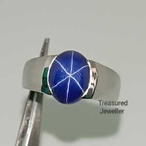 Bague saphir étoilé bleu en argent sterling 925 fait main, chevalière pour homme empilable