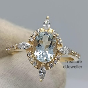 Vintage Natural Aquamarine Engaged Ring For Women&#39;s, 14K Gold Real Aquamarine With Marquise Ring, CZ Cluster Victorian March Birthstone Ring