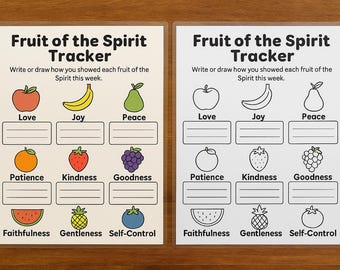 May include: Two "Fruit of the Spirit Tracker" charts. One chart is in color, the other in black and white. Each chart has illustrations of fruits with corresponding virtues: Love, Joy, Peace, Patience, Kindness, Goodness, Faithfulness, Gentleness, and Self-Control.