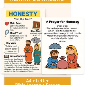 Lección bíblica de honestidad y póster de oración para niños / Imprimible cristiano / Historia de Ananías y Safira / Tamaño carta A4 / Escuela dominical + Hogar