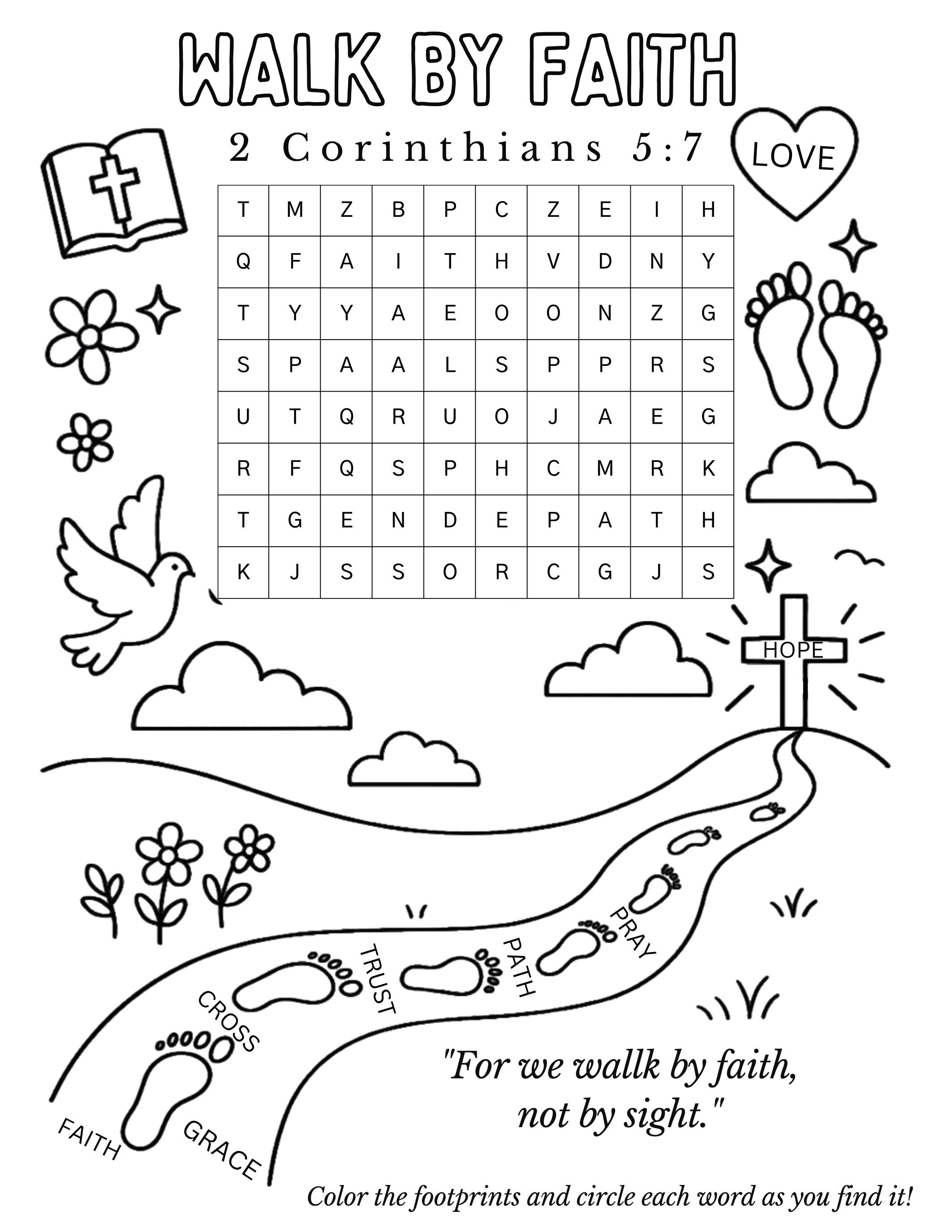 Walk by Faith Bible Activity Sheet – Word Search & Coloring Page ...