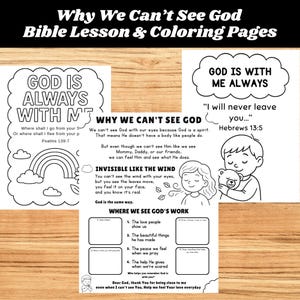 May include: Black and white coloring pages with the text "Why We Can't See God Bible Lesson & Coloring Pages." The pages include Bible verses, illustrations of children, clouds, rainbows, and the phrases "God is always with me" and "God is with me always."