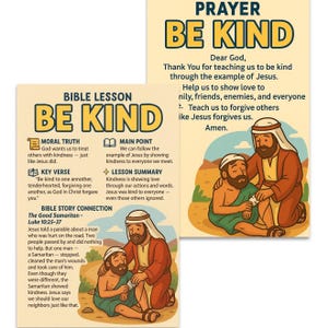 Sois gentil, leçon biblique + affiche de prière | Le bon samaritain | Enfants chrétiens imprimables | 8,5 x 11 po. | Outil pédagogique sur la gentillesse/École du dimanche