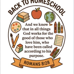Op de afbeelding: Een cirkelvormige afbeelding met de tekst "BACK TO HOMESCHOOL" en illustraties van schoolbenodigdheden, waaronder boeken, een appel, een wereldbol, kleurpotloden en een palet. De tekst "En wij weten dat hun, die God liefhebben..." is ook opgenomen, samen met "ROMEINEN 8:28".