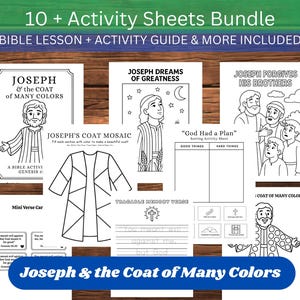 Könnte beinhalten: Ein Bündel von Arbeitsblättern mit dem Text "10 + Activity Sheets Bundle" und "Joseph & the Coat of Many Colors". Die Blätter enthalten Bibelstunden, Malvorlagen und Aktivitätsanleitungen. Die Illustrationen sind in Schwarzweiß.