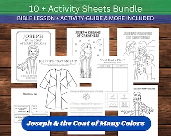 May include: A bundle of activity sheets with the text "10 + Activity Sheets Bundle" and "Joseph & the Coat of Many Colors". The sheets include Bible lessons, coloring pages, and activity guides. The illustrations are in black and white.