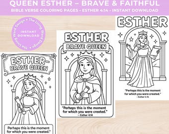 Puede incluir: Páginas para colorear en blanco y negro con la Reina Ester. Las páginas incluyen el texto "ESTHER BRAVE QUEEN" y un versículo bíblico. Las palabras "QUEEN ESTHER - BRAVE & FAITHFUL" están en la parte superior.