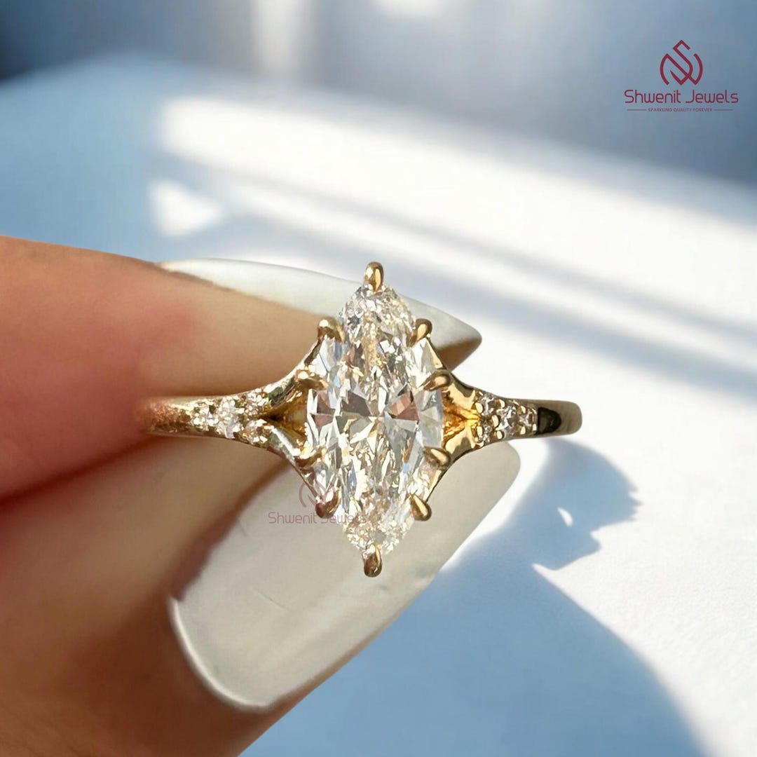 2CT Marquise Cut Moissanite Engagement Ring, 14K Yellow Gold Solitaire ...